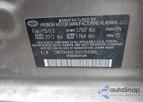 2013 Hyundai Elantra Gls z USA, uszkodzony, nr VIN 5NPDH4AE9DH294986